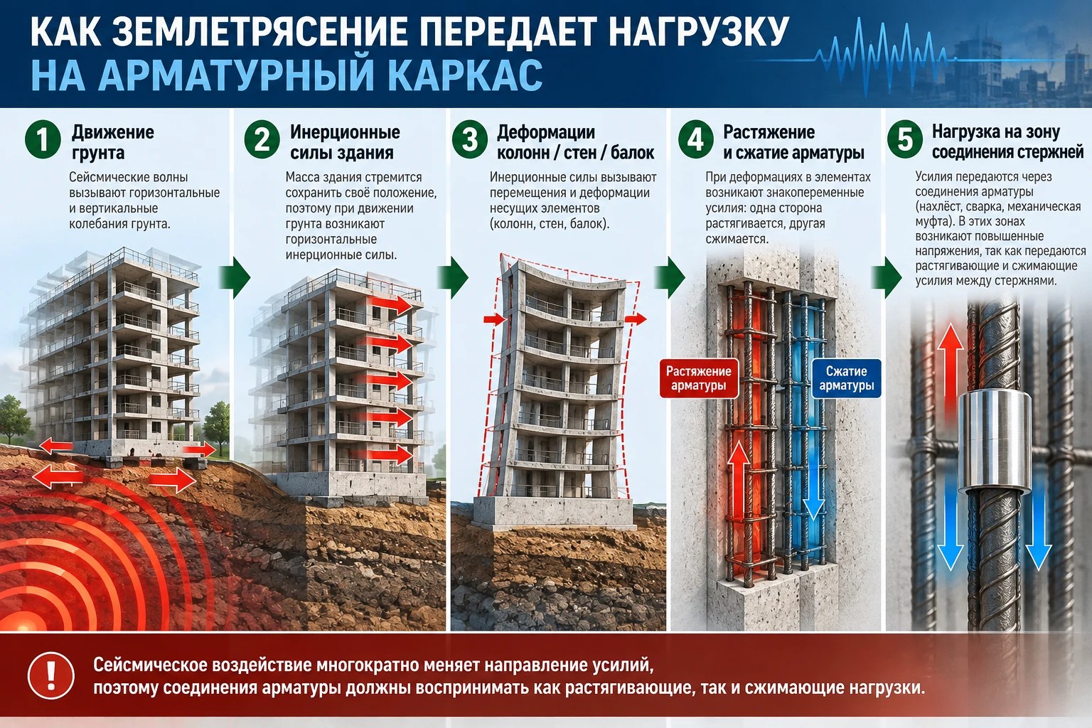 Как сейсмическая нагрузка передаётся на арматурный каркас